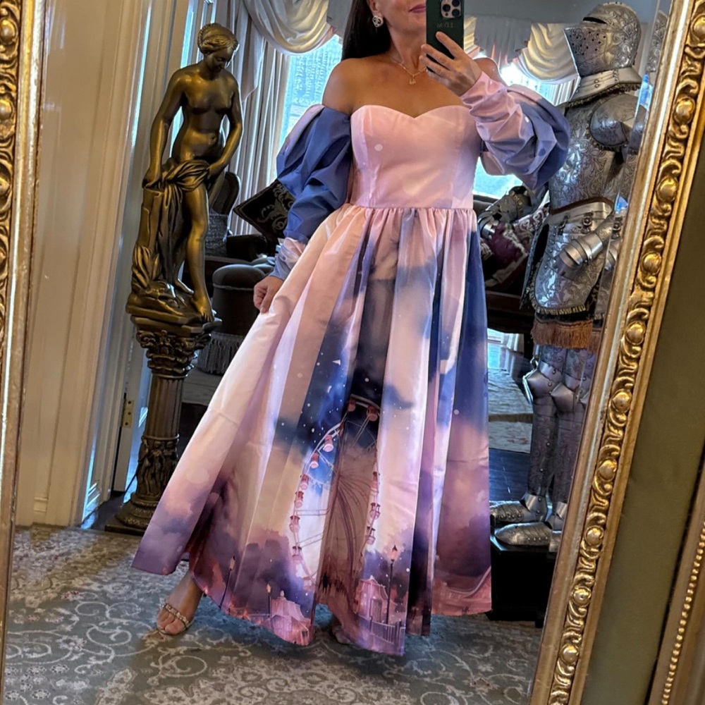 Leo Lin Romantic One-Shoulder Pink & Purple Printed Maxi Dress